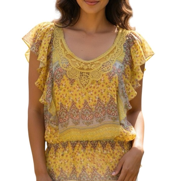 Isabella Rodriguez Yellow Floral Lace Ruffled Short Sleeve Blouse Top Small - Picture 1 of 11